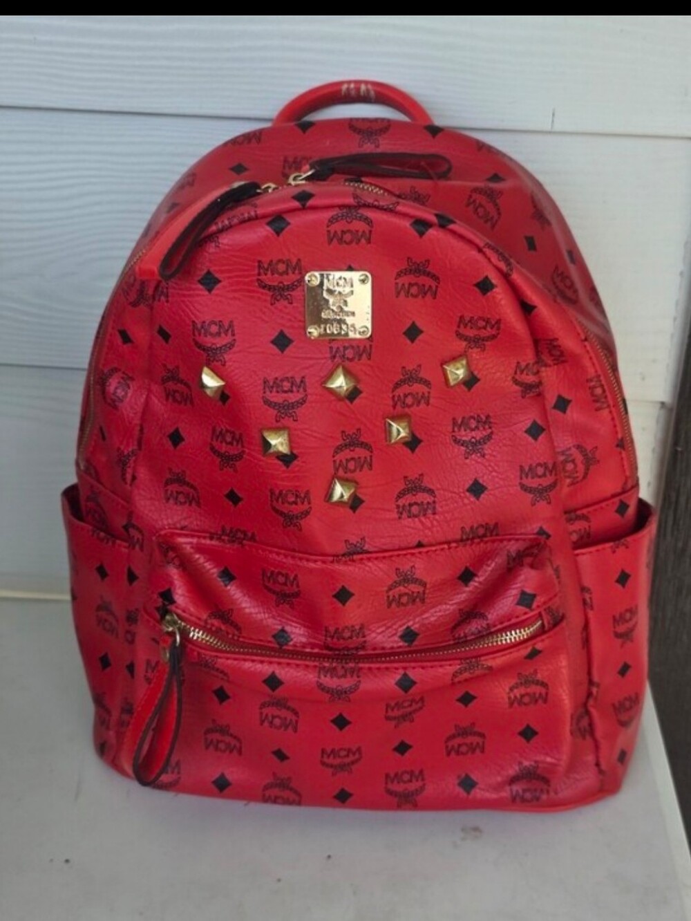MCM Munich Red Visetos Studded Backpack Logo Print Gold Tone Zip Designer 15x12
